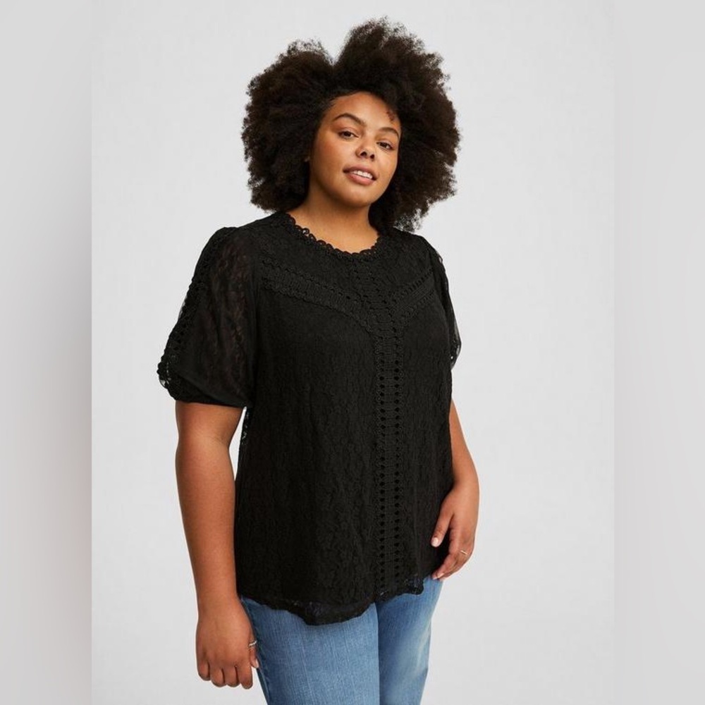 Torrid Black Lace Puff Short Sleeve Blouse, Size 1x